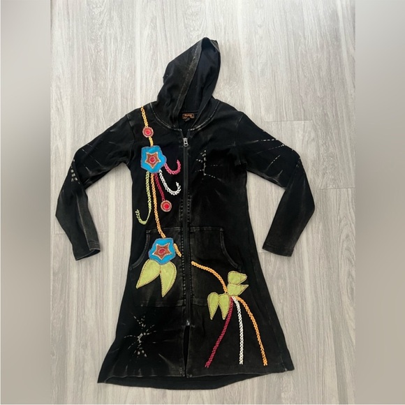 Rising International Jackets & Blazers - Black Embroidered Boho Hoodie Jacket Size S Artistic Floral Zip Up
